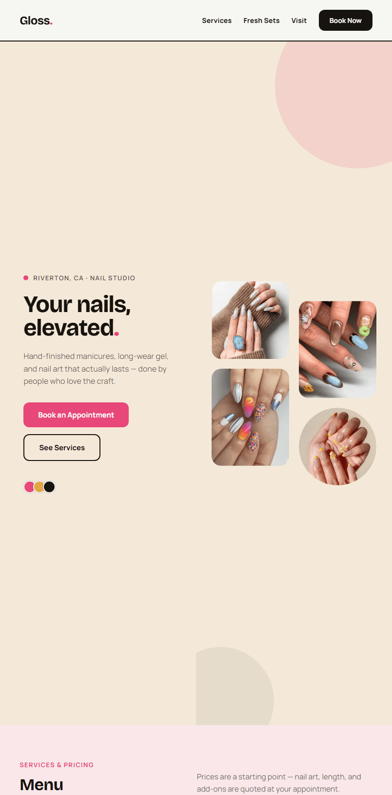 Nail salon site home page — mobile