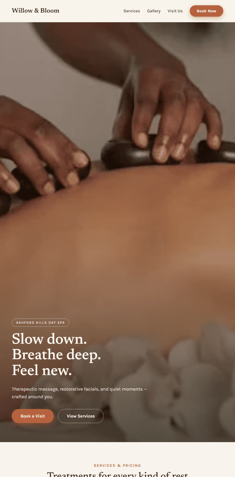 Spa site home page — mobile
