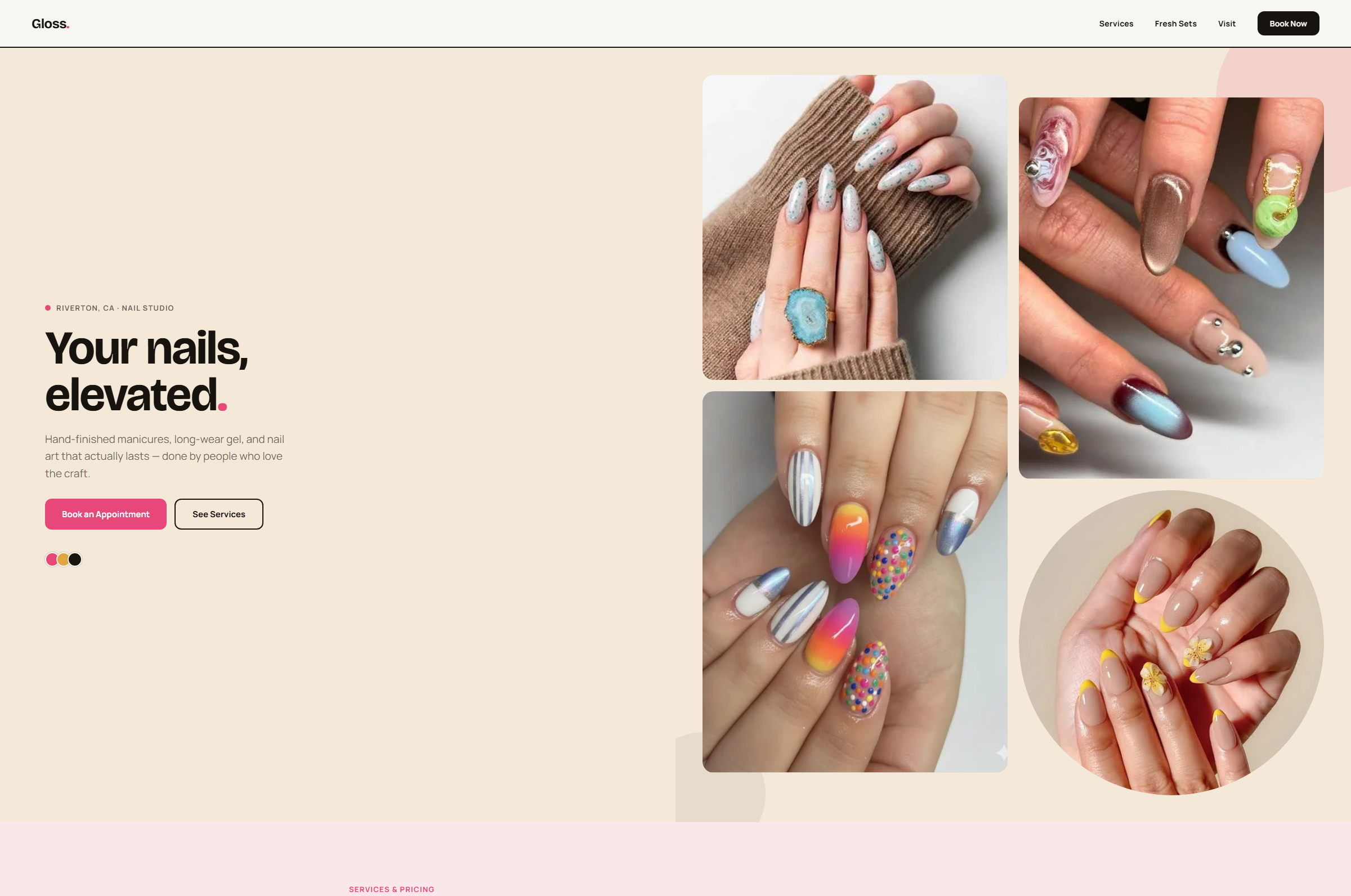 Nail salon site home page — desktop